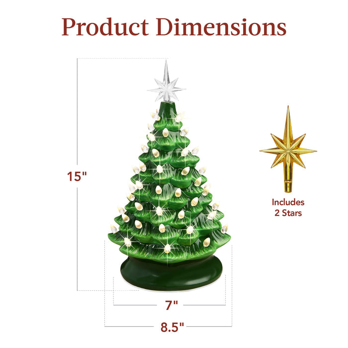 Sapin de Noël de table en céramique pré-éclairé avec lumières - 15 pouces