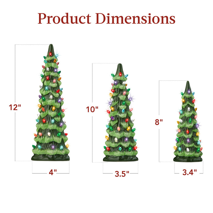 Lot de 3 sapins de Noël de table en céramique pré-éclairés