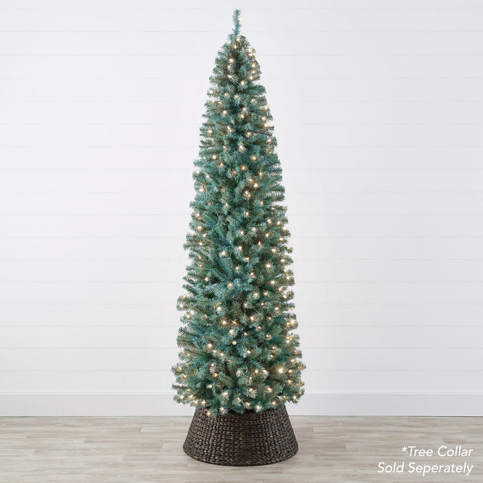 Sapin de Noël en forme de crayon d'épinette bleue illuminé avec base en métal et lumières incandescentes