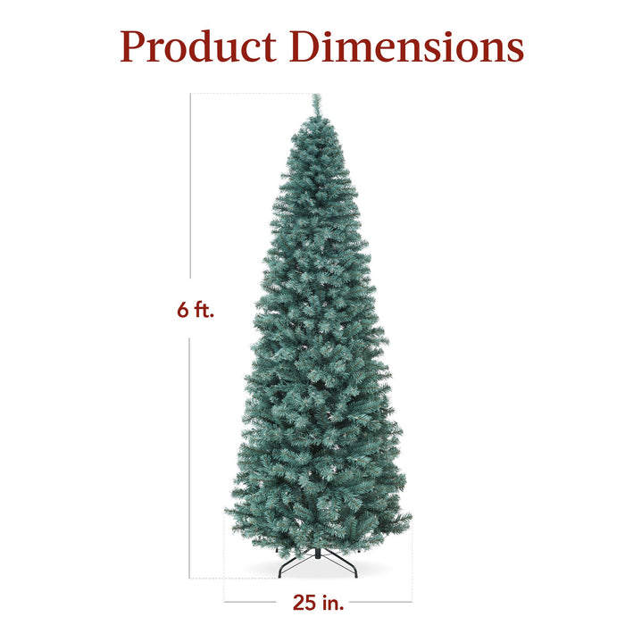 Sapin de Noël en forme de crayon d'épinette bleue illuminé avec base en métal et lumières incandescentes