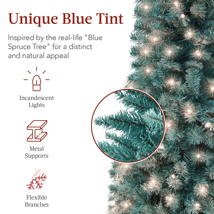 Sapin de Noël en forme de crayon d'épinette bleue illuminé avec base en métal et lumières incandescentes