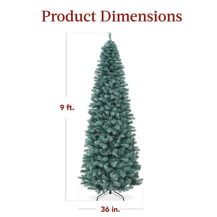 Sapin de Noël en forme de crayon d'épinette bleue illuminé avec base en métal et lumières incandescentes