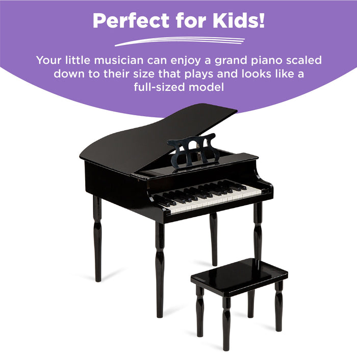 Kids Mini Wooden Grand Piano w/ Lid, Bench, Music Rack, Song Book, Stickers