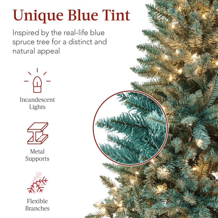 Sapin de Noël bleu illuminé avec base pliable et lumières incandescentes