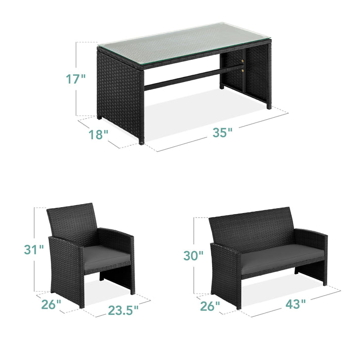 Ensemble de patio extérieur en osier de 4 pièces avec 4 sièges et plateau de table en verre