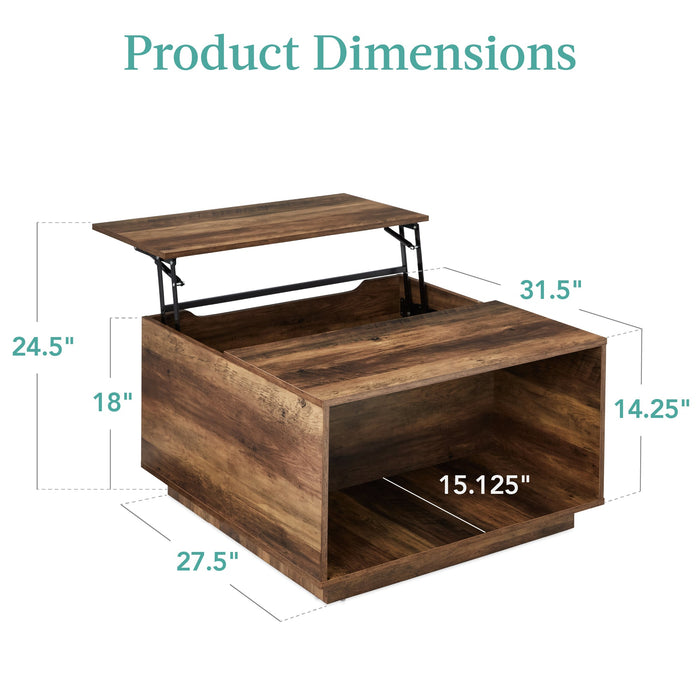 Square Rustic Modern Lift Top Coffee Table w/ Cubby