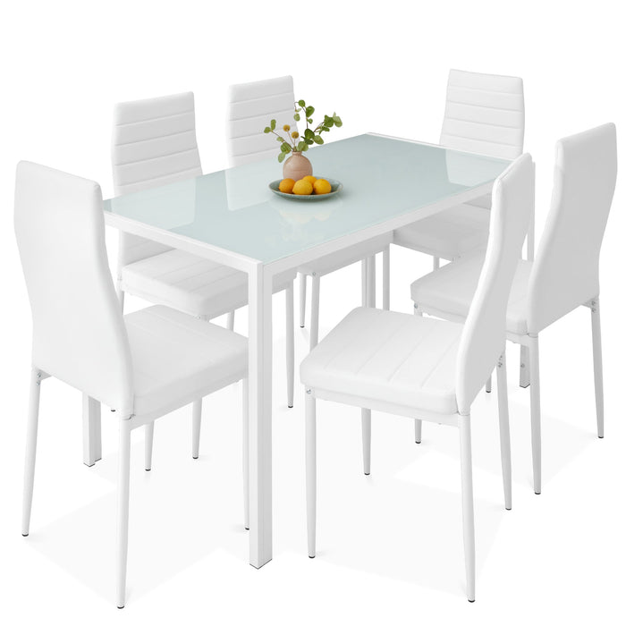 7-Piece Dining Table Set w/ Glass Top, Leather Chairs