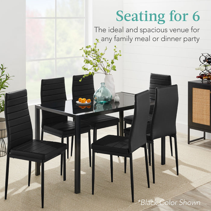 7-Piece Dining Table Set w/ Glass Top, Leather Chairs