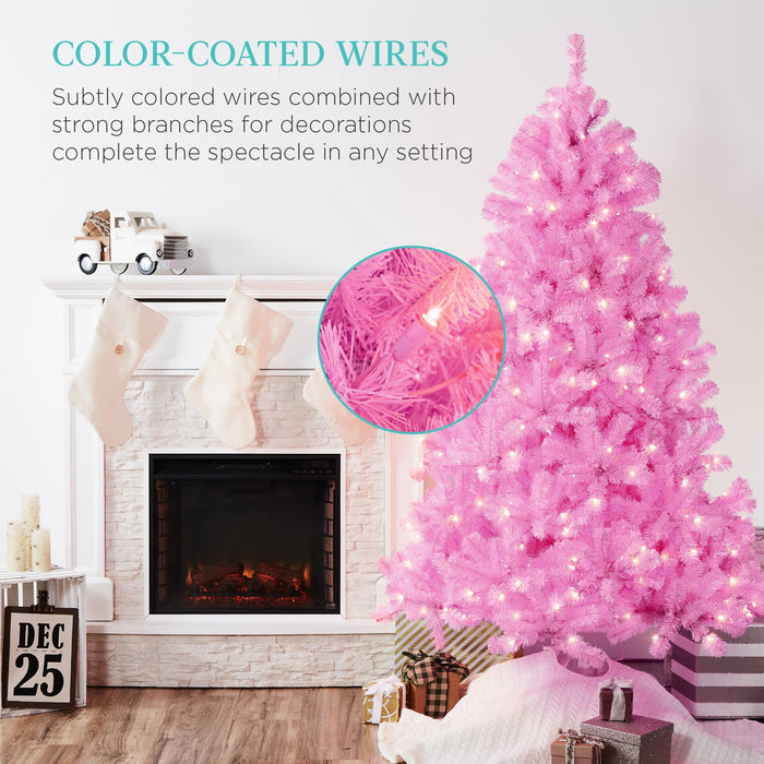 Pre-Lit Artificial Pink Christmas Tree w/ Incandescent Lights, Metal Stand