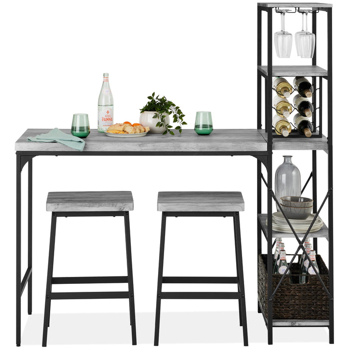 3-Piece Bar Height Dining Set w/ Bottle Rack, Glass Storage, 5 Shelves