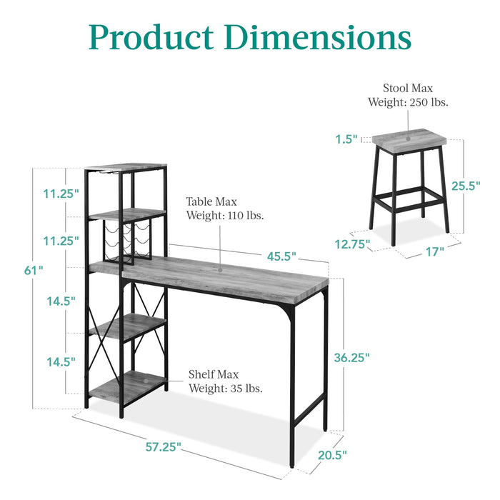 3-Piece Bar Height Dining Set w/ Bottle Rack, Glass Storage, 5 Shelves