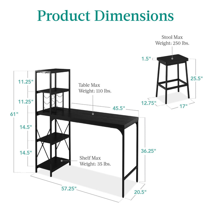 3-Piece Bar Height Dining Set w/ Bottle Rack, Glass Storage, 5 Shelves