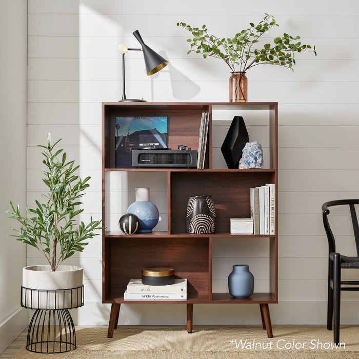 Bibliothèque en bois moderne à 3 niveaux du milieu du siècle avec 3 panneaux arrière et pieds décalés