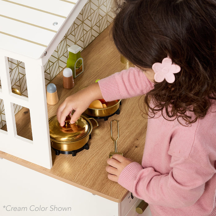 Pretend Play Wooden Farmhouse Kitchen Set w/ Storage, 5 Accessories