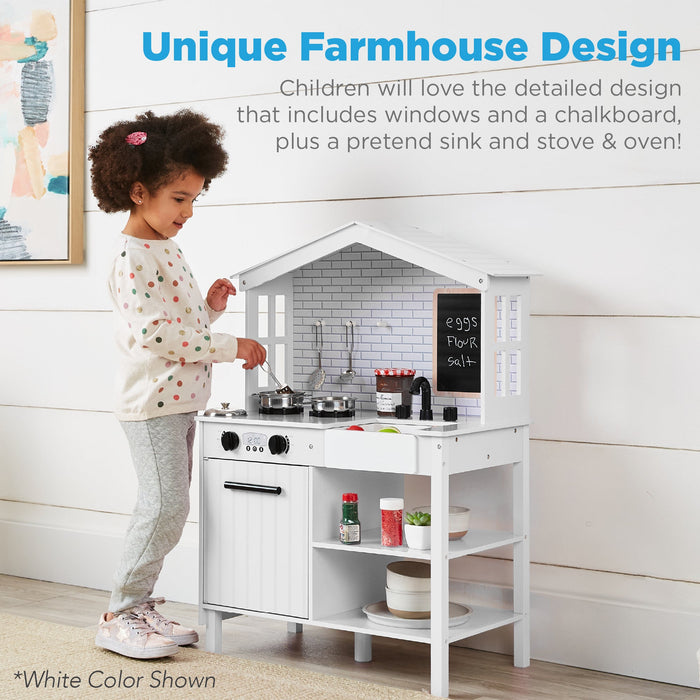 Pretend Play Wooden Farmhouse Kitchen Set w/ Storage, 5 Accessories