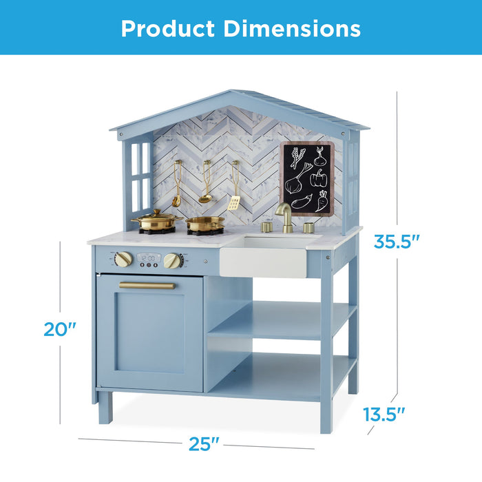 Pretend Play Wooden Farmhouse Kitchen Set w/ Storage, 5 Accessories