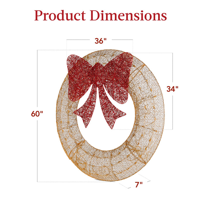 Couronne de Noël extérieure pré-éclairée, décoration de Noël en métal à DEL avec nœud - 60 po