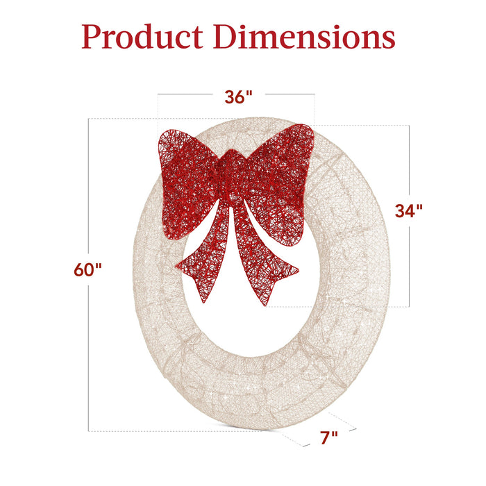 Couronne de Noël extérieure pré-éclairée, décoration de Noël en métal à DEL avec nœud - 60 po