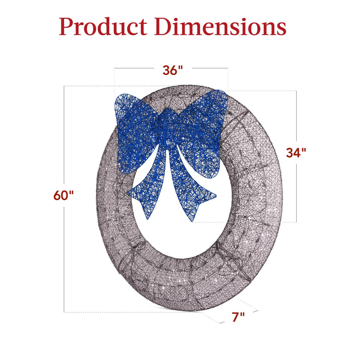 Couronne de Noël extérieure pré-éclairée, décoration de Noël en métal à DEL avec nœud - 60 po
