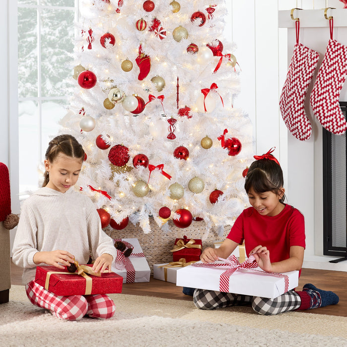 Sapin de Noël artificiel blanc pré-éclairé avec lumières et support en métal