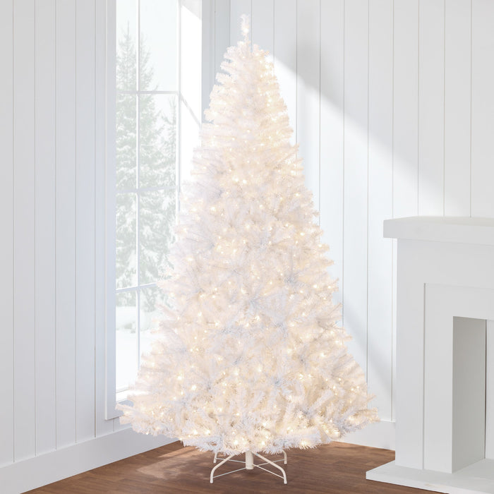 Sapin de Noël artificiel blanc pré-éclairé avec lumières et support en métal