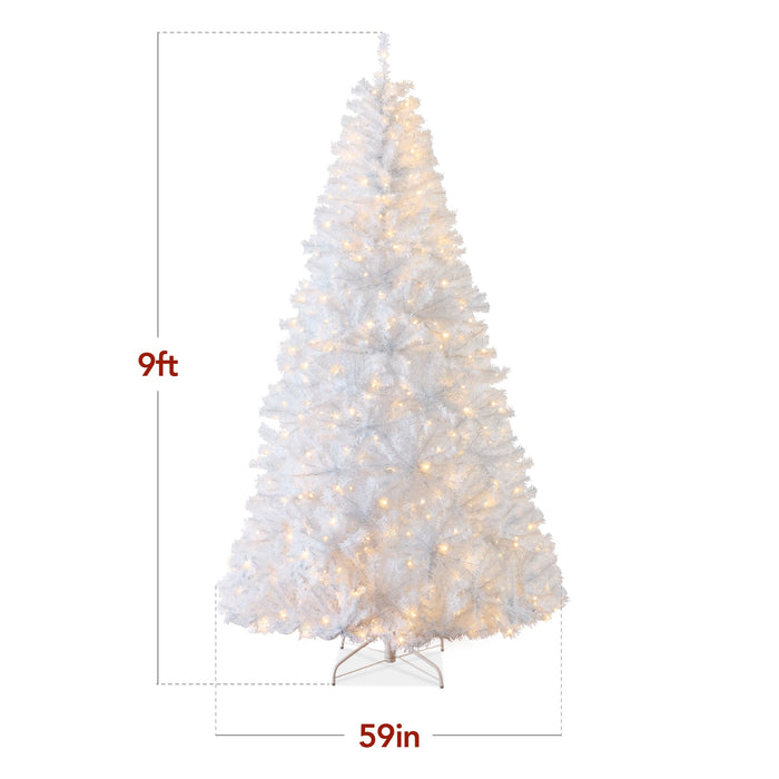 Sapin de Noël artificiel blanc pré-éclairé avec lumières et support en métal