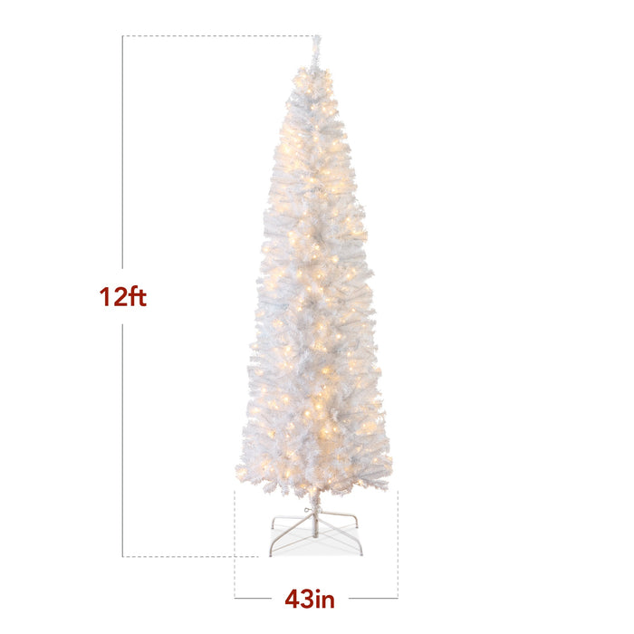 Pre-Lit White Pencil Christmas Tree w/ Metal Base, Incandescent Lights