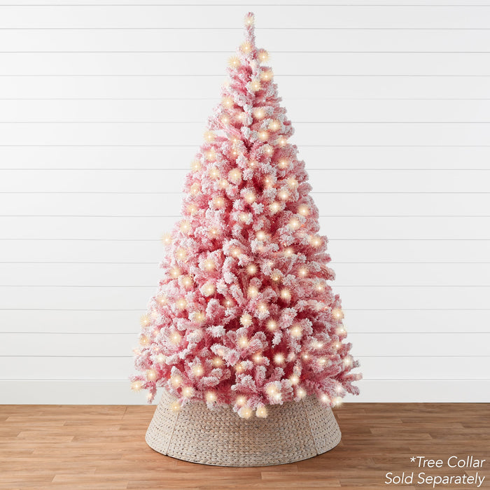 Prelit Pink Christmas Tree, Snow Flocked Full Holiday Decor w/ Metal Base