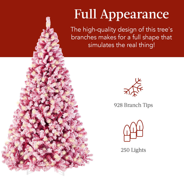 Prelit Pink Christmas Tree, Snow Flocked Full Holiday Decor w/ Metal Base