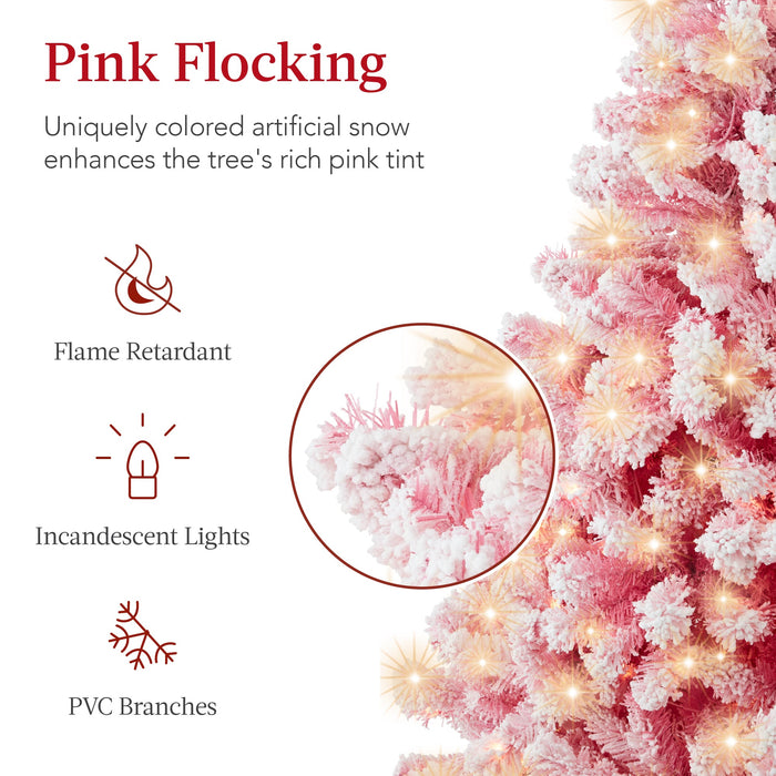 Prelit Pink Christmas Tree, Snow Flocked Full Holiday Decor w/ Metal Base