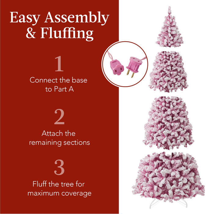 Prelit Pink Christmas Tree, Snow Flocked Full Holiday Decor w/ Metal Base