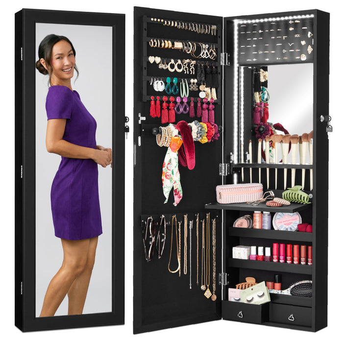 Door/Wall Mount Mirror Jewelry Cabinet Armoire w/ Inside Mirror, LED Lights