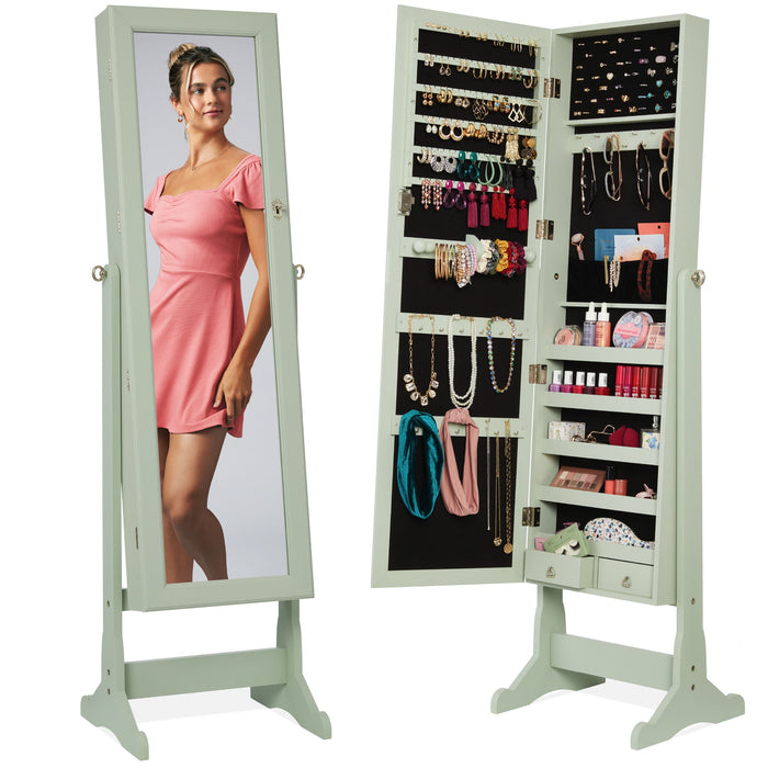 Full Length Freestanding Jewelry Mirror Armoire w/ Velvet Interior