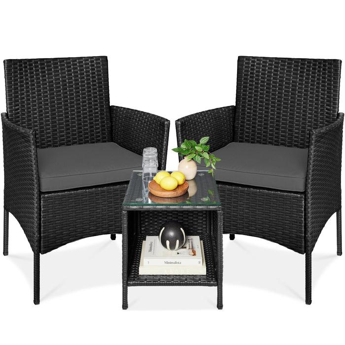 3-Piece Outdoor Patio Wicker Bistro Set w/ Side Storage Table