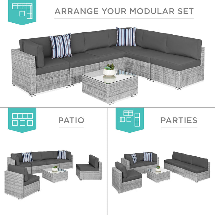 7-Piece Modular Wicker Sectional Conversation Set w/ 2 Pillows, Cover