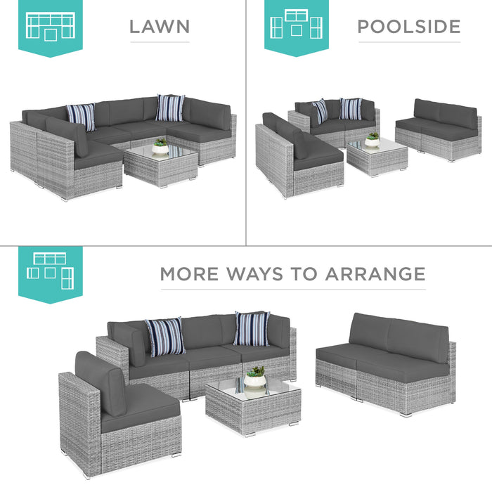 7-Piece Modular Wicker Sectional Conversation Set w/ 2 Pillows, Cover