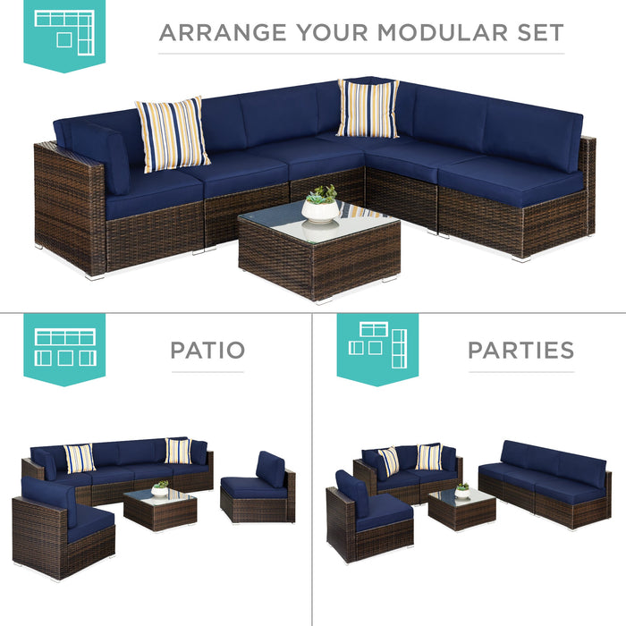 7-Piece Modular Wicker Sectional Conversation Set w/ 2 Pillows, Cover