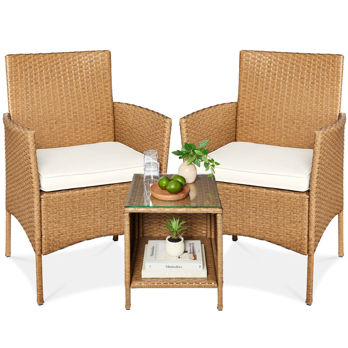 3-Piece Outdoor Patio Wicker Bistro Set w/ Side Storage Table