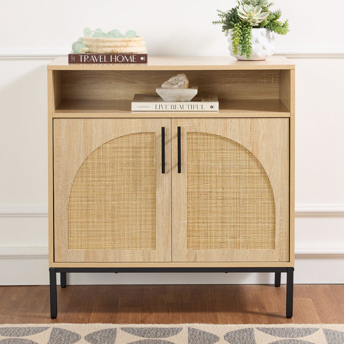 2-Door Rattan Cabinet, Buffet, w/ Cord Cutout & Storage Shelf, Natural