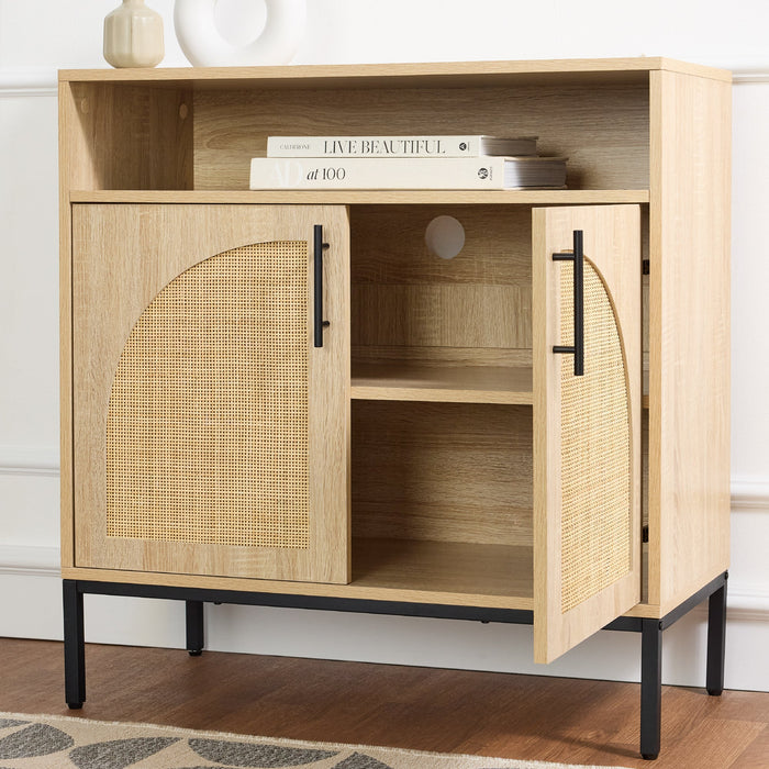 2-Door Rattan Cabinet, Buffet, w/ Cord Cutout & Storage Shelf, Natural