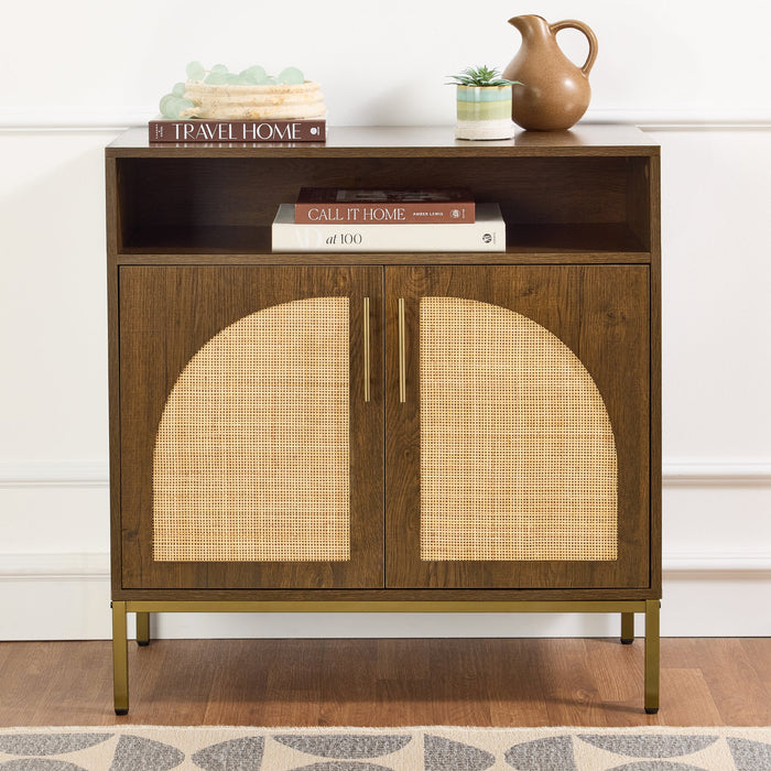 2-Door Rattan Cabinet, Buffet, w/ Cord Cutout & Storage Shelf, Natural