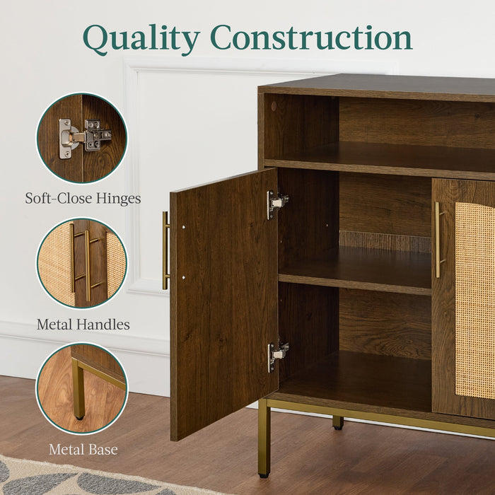 2-Door Rattan Cabinet, Buffet, w/ Cord Cutout & Storage Shelf, Natural