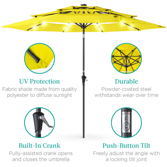 3-Tier Solar Patio Umbrella w/ LED Lights, Tilt Adjustment, Crank - 10ft