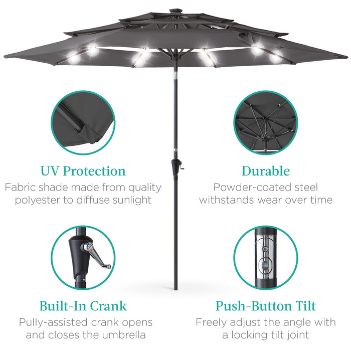 3-Tier Solar Patio Umbrella w/ LED Lights, Tilt Adjustment, Crank - 10ft