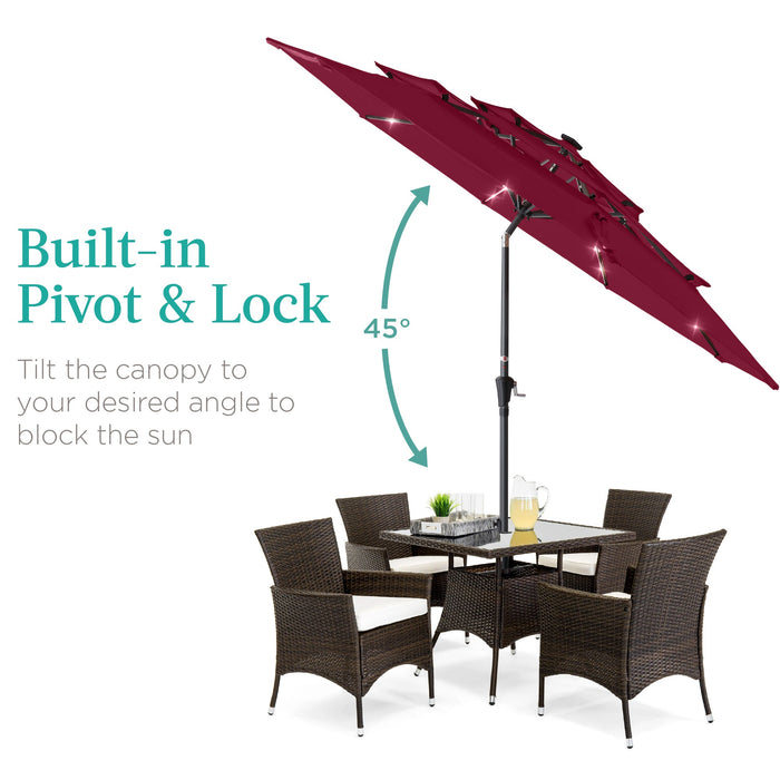 3-Tier Solar Patio Umbrella w/ LED Lights, Tilt Adjustment, Crank - 10ft