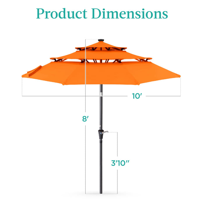 3-Tier Solar Patio Umbrella w/ LED Lights, Tilt Adjustment, Crank - 10ft