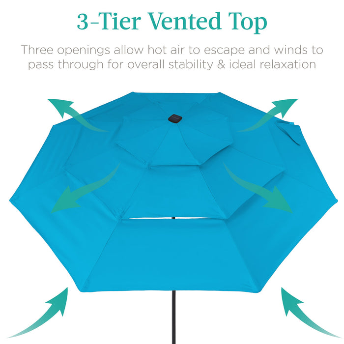 3-Tier Solar Patio Umbrella w/ LED Lights, Tilt Adjustment, Crank - 10ft