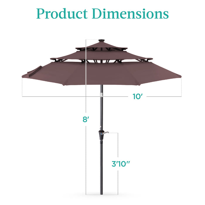 3-Tier Solar Patio Umbrella w/ LED Lights, Tilt Adjustment, Crank - 10ft