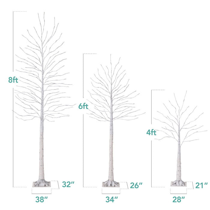 Set of 3 Lighted Twig Birch Trees, 4ft, 6ft, 8ft w/ 300 2-in-1 LEDs