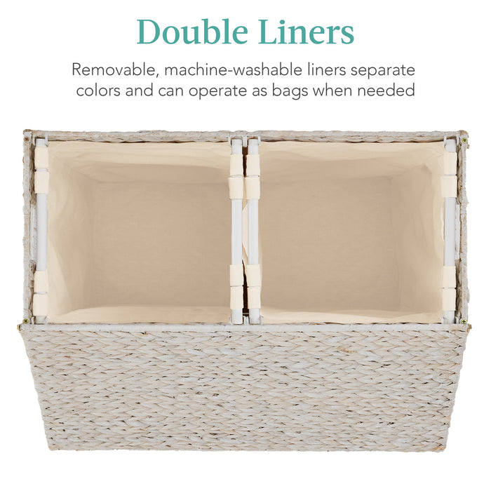 Large Water Hyacinth Double Laundry Hamper Basket w/ 2 Liner Bags